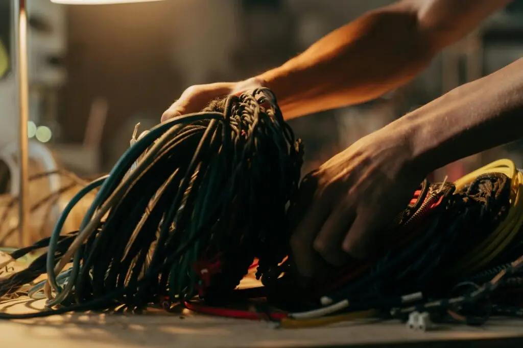 Hands sorting through a variety of colorful electrical wires on a table, illuminated by soft lighting.